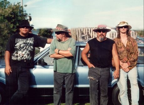 The Electric Puha Band, Waitangi Treaty Grounds, Waitangi Day, 1998.
L to R: Te Reo Hau, John Donoghue, Richard Rua Mason, Chris Peirce.